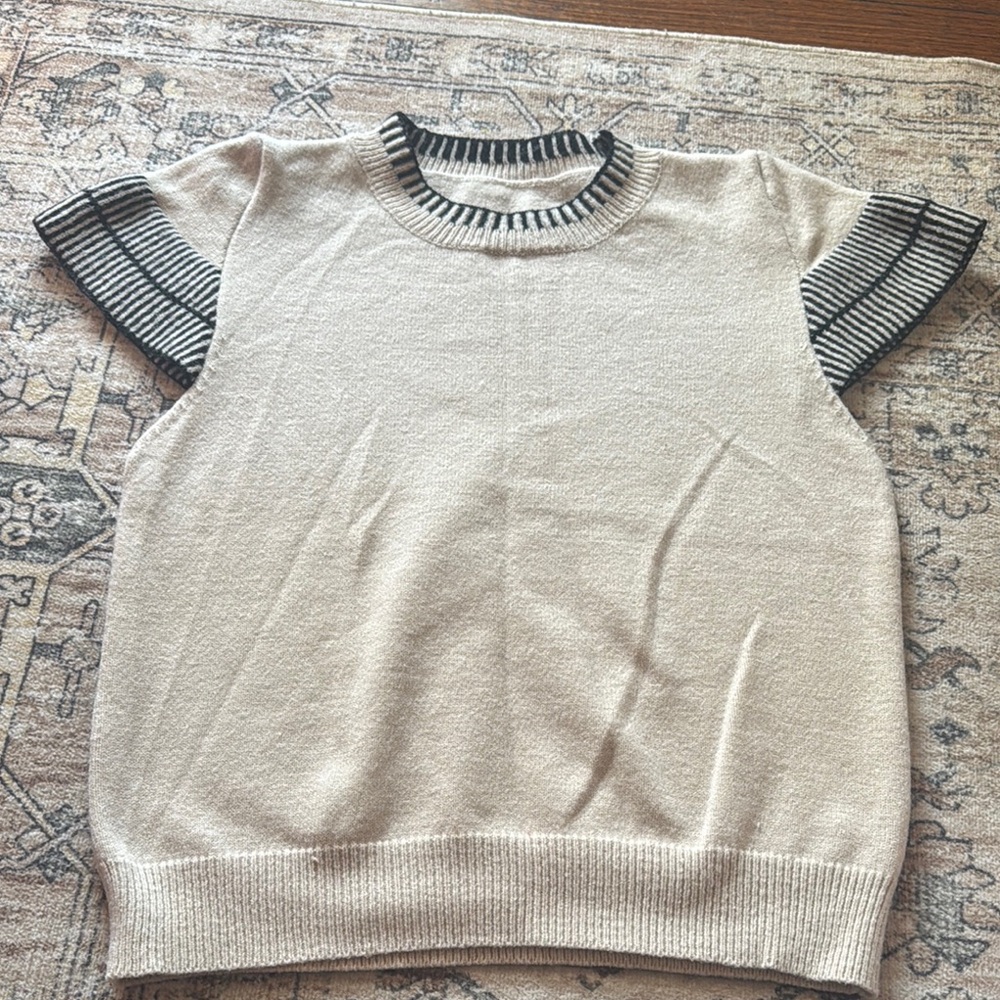 Beige Short Sleeve Sweater with Striped Accents